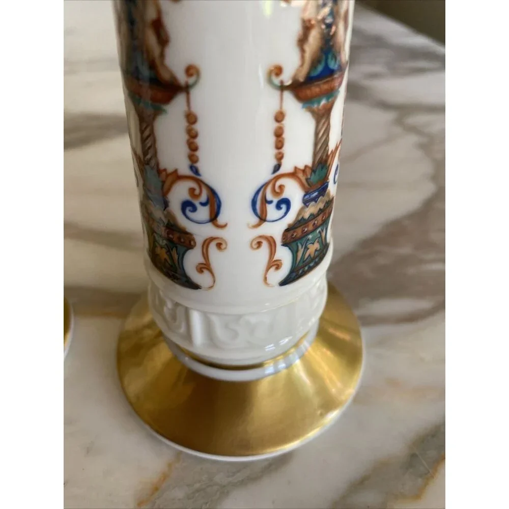 Vintage Ceramic Candle Holders With Gold Accents & Ornate Multicolor Design 2-Pi